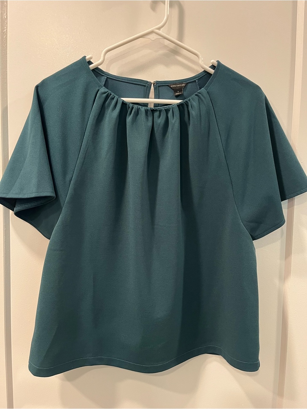 Ann Taylor Teal Gathered Neck Short-Sleeve Blouse